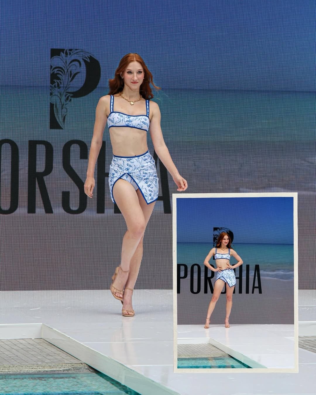 Walking the Porshia runway in a blue floral two-piece