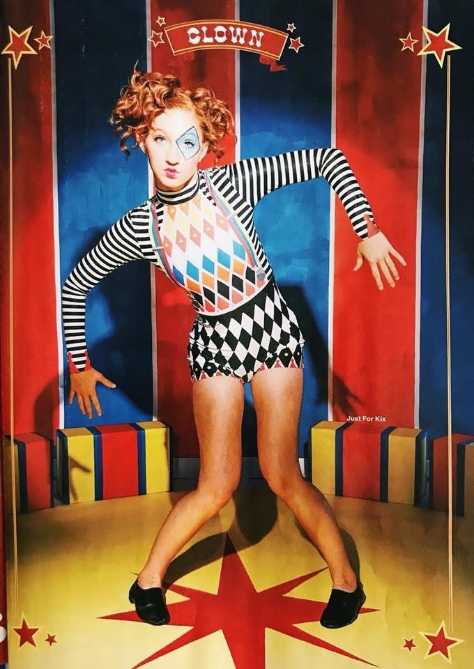 Just For Kix dance-competition clown-harlequin costume on a circus backdrop