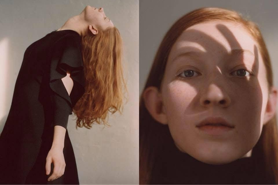 Two-panel moody editorial in black dress with window-shadow over the face