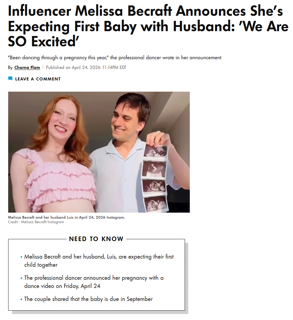 People magazine: Melissa Becraft pregnancy announcement