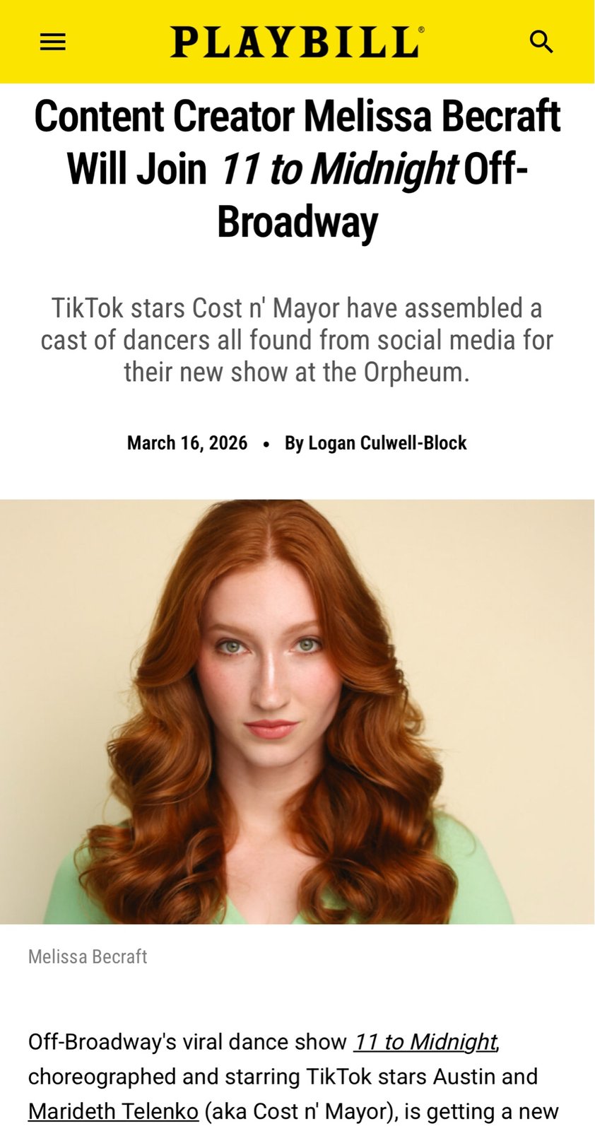 Playbill.com: Content Creator Melissa Becraft Will Join 11 to Midnight Off-Broadway